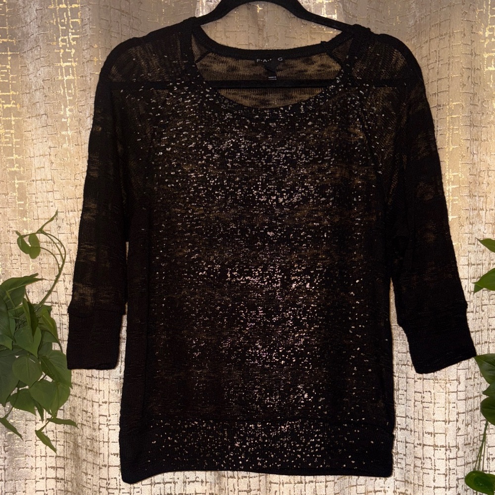 Fang Black Sheer Metallic Knit Top | 3/4 Sleeve | Size M